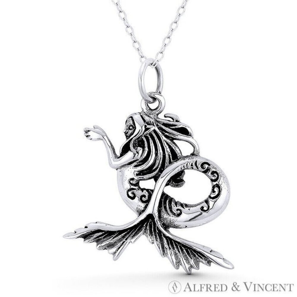 Mermaid / Siren Mythical Creature Charm Pendant in Oxidized .925 Sterling Silver